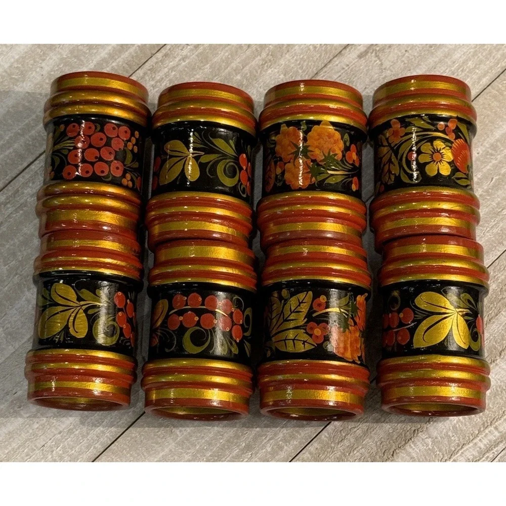 Vtg 8 Wood Napkin Rings Hand Painted Floral Blue Colorful Boho‎ Tiki